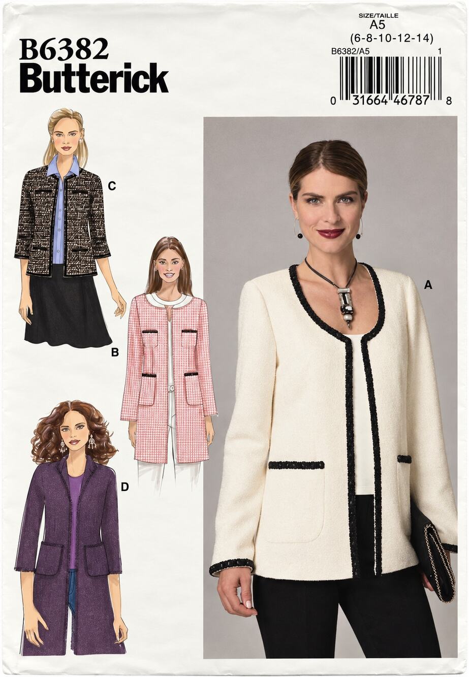 Butterick Sewing Pattern B6382 Jacket Short Long Coat Patch Pockets Size 6-14